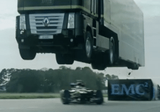 Truck jumps F1 car